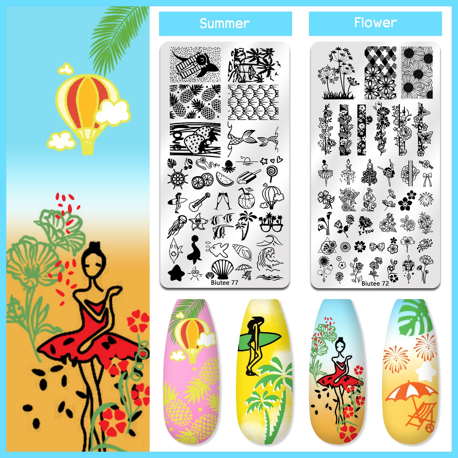 Biutee Nail Stamper Kit 22Pcs – Gel Nail Stamping Set with 12 Plates & 8 Polishes