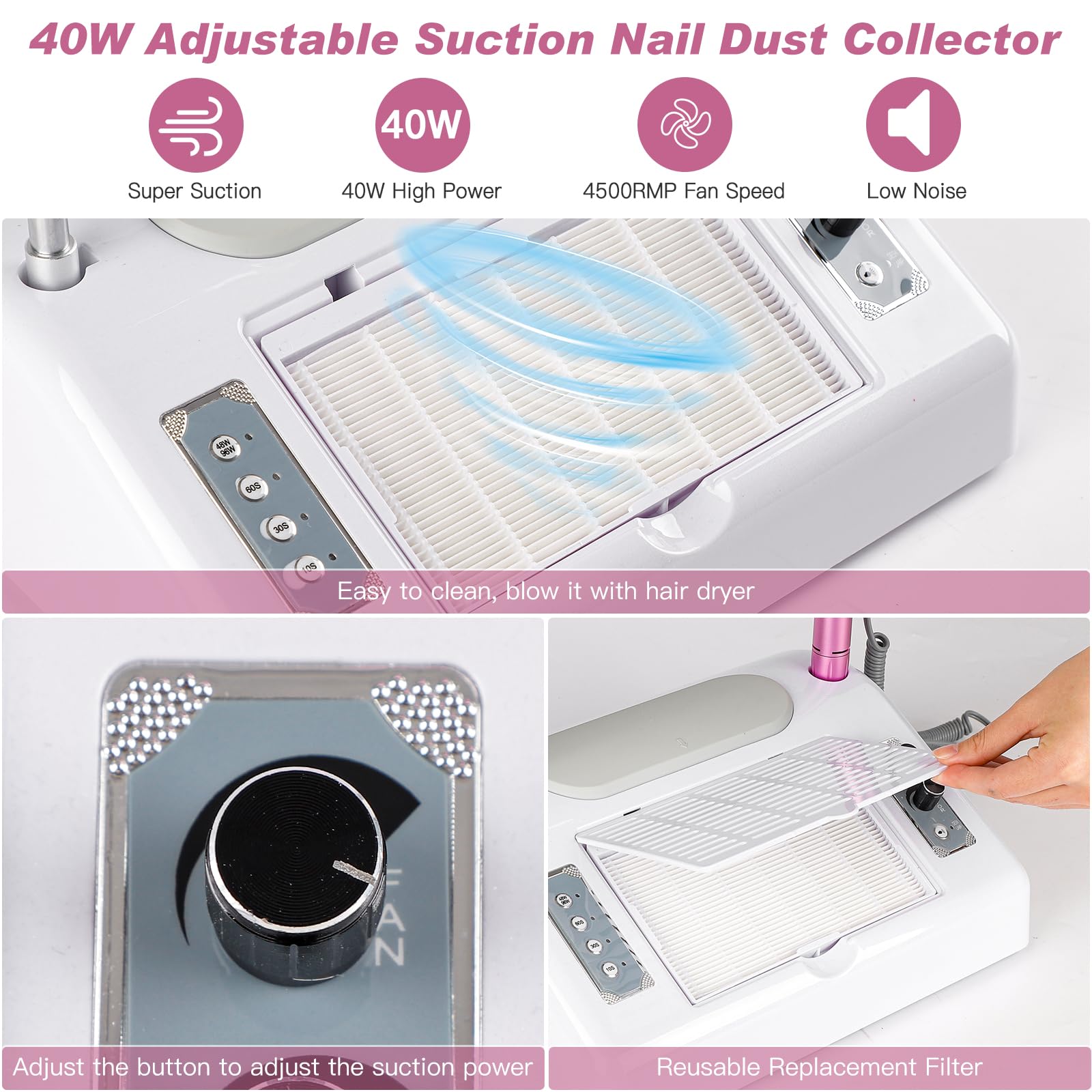 Biutee 5-in-1 Nail Dust Collector — 80W Vacuum, 30,000 RPM Drill, UV/LED Lamp