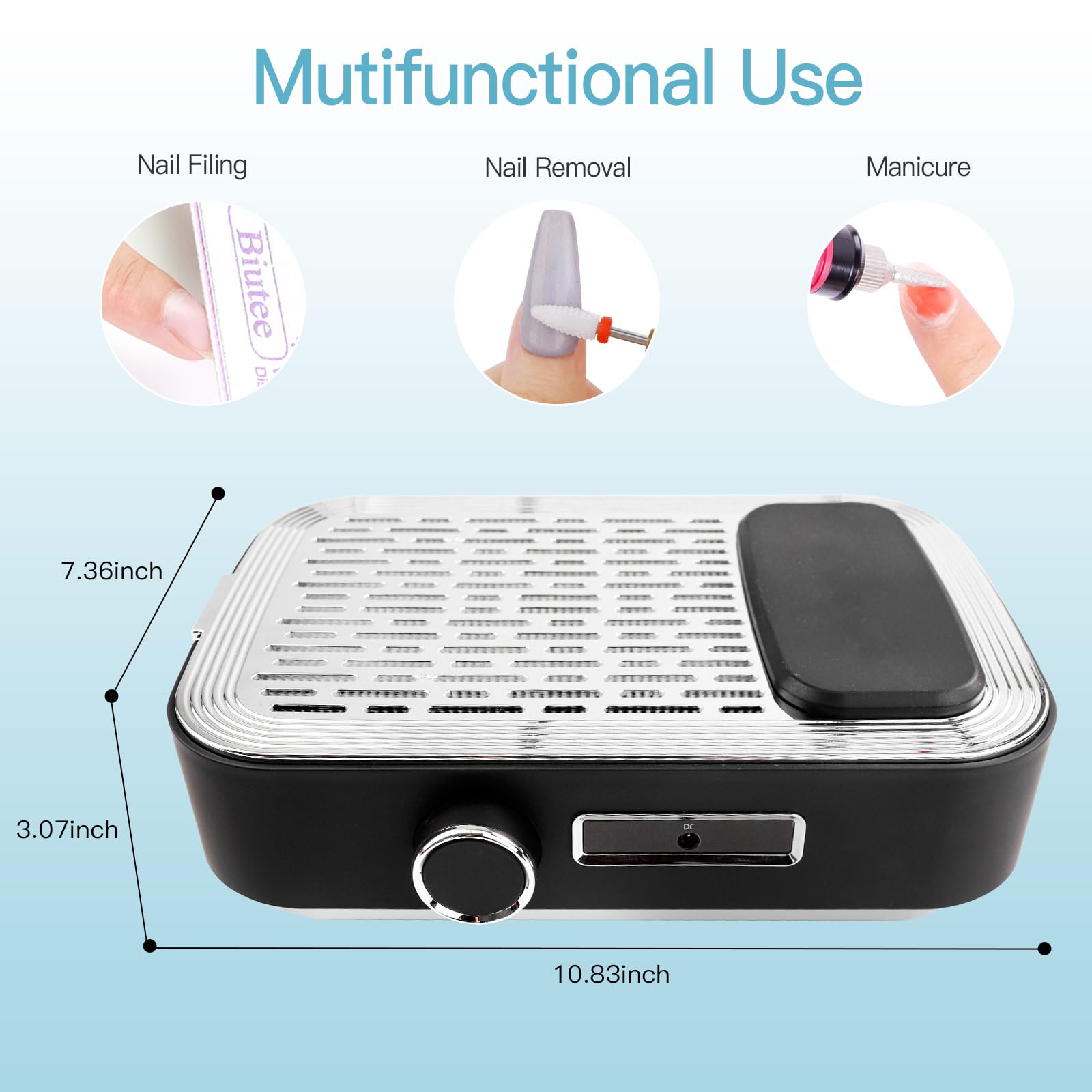 Biutee Rechargeable Nail Dust Collector — 80W Power, 2 Reusable Filters, Adjustable Suction