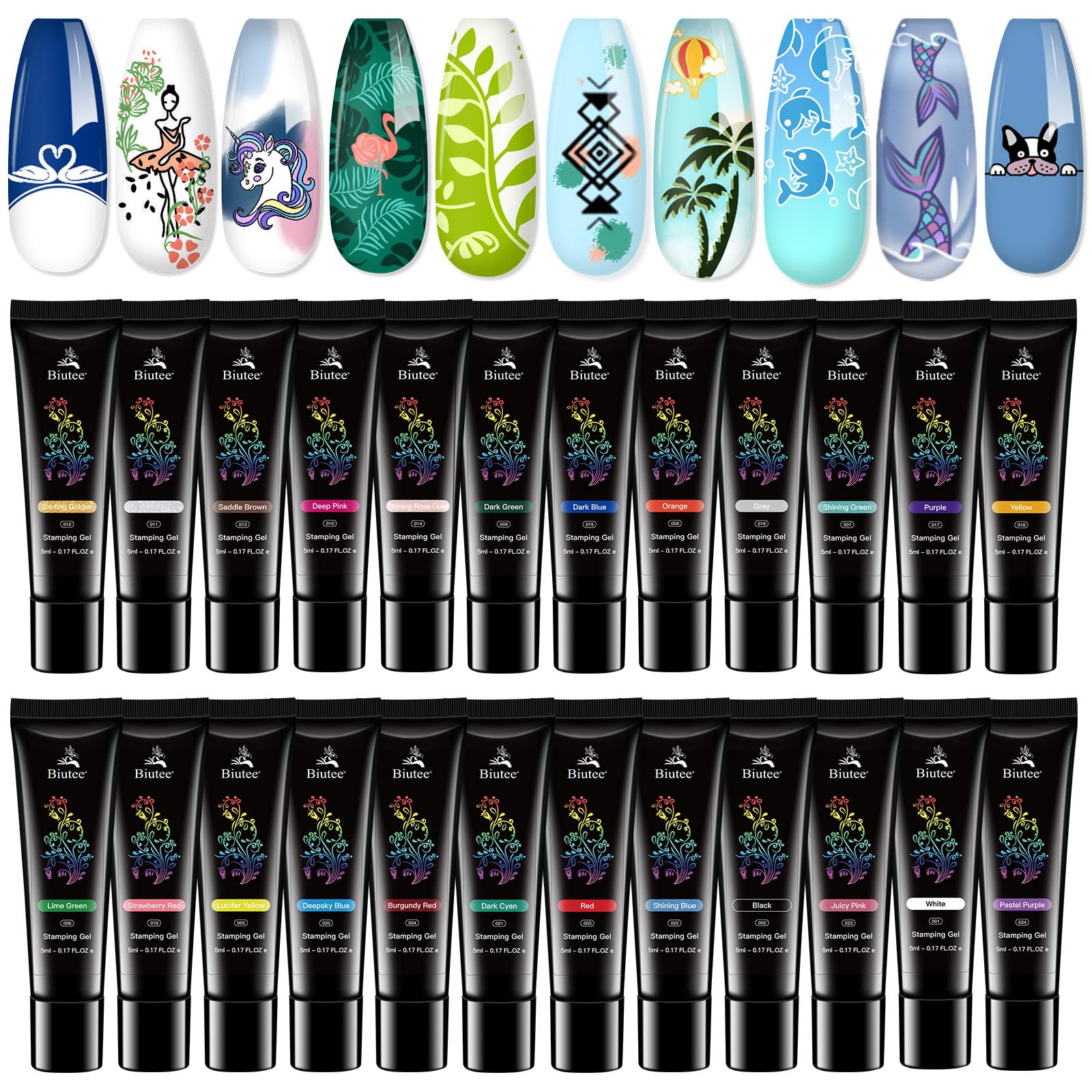 Biutee Nail Stamping Gel Polish – 24 Colors, 0.17 Fl Oz, Soak Off, UV/LED Cure