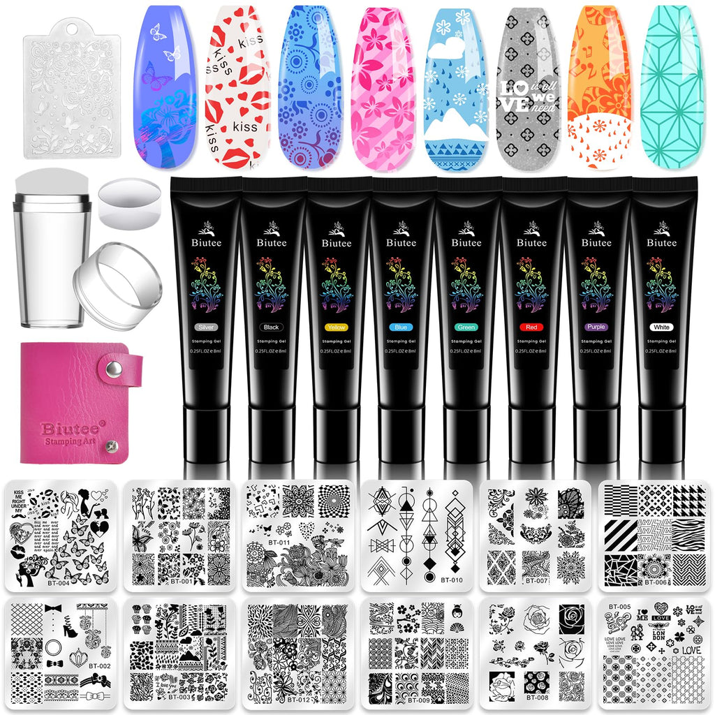 Biutee Nail Stamping Plates Set – 12 Plates, 8 Colors, Stamper & Scraper