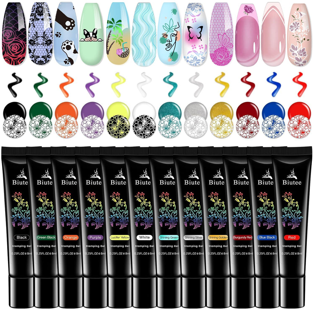 Biutee Nail Stamping Gel Pack – 12 Colors (8ml) for Nail Stamping Plates | UV/LED Safe