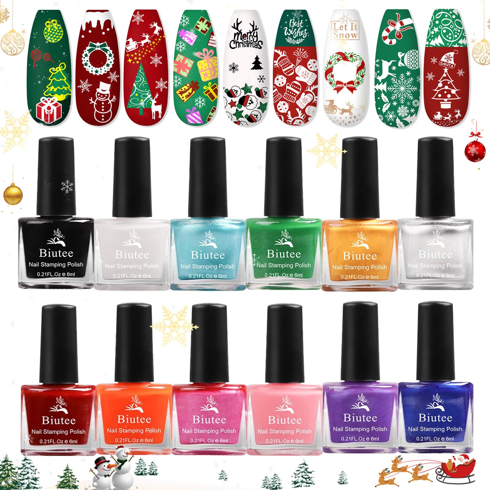 Biutee Nail Stamping Polish - 12 Colors (6ml) - Air Dry, Gift Box