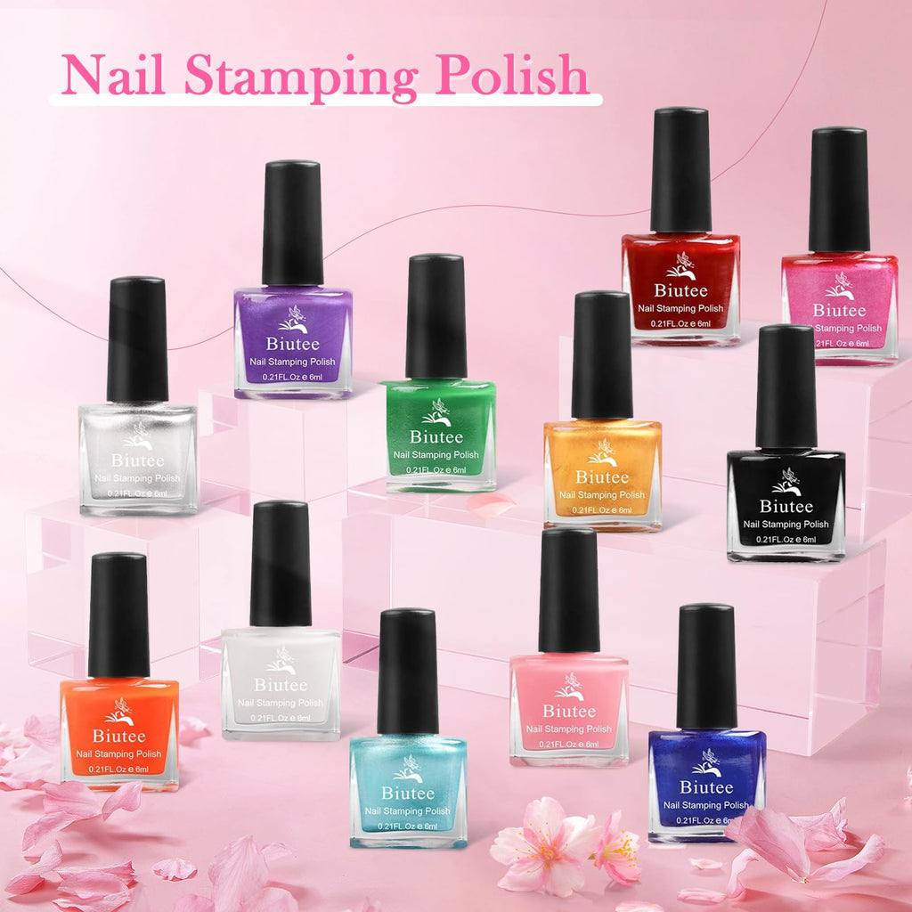 Biutee Nail Stamping Polish - 12 Colors (6ml) - Air Dry, Gift Box