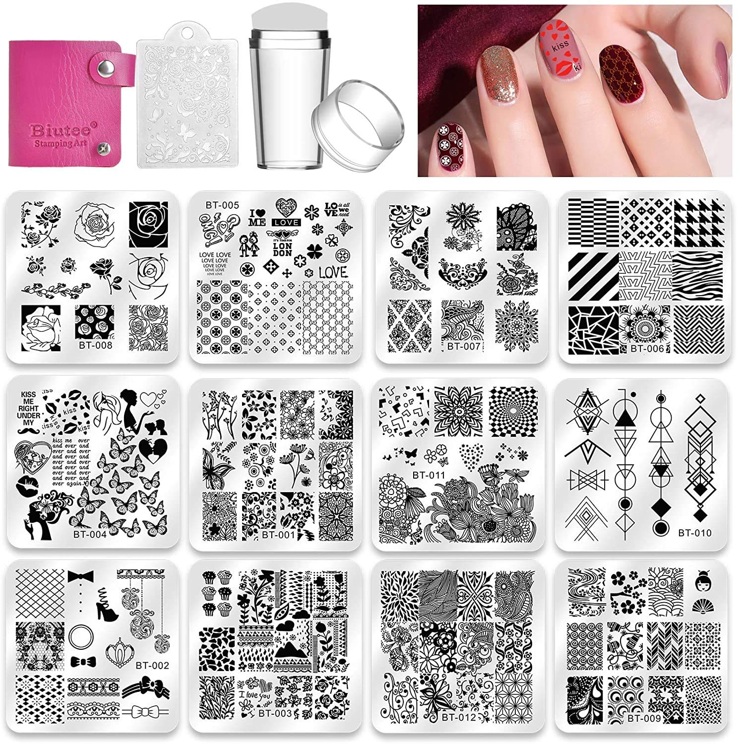 Biutee Nail Stamping Plates Set – 12 Plates, 8 Colors, Stamper & Scraper