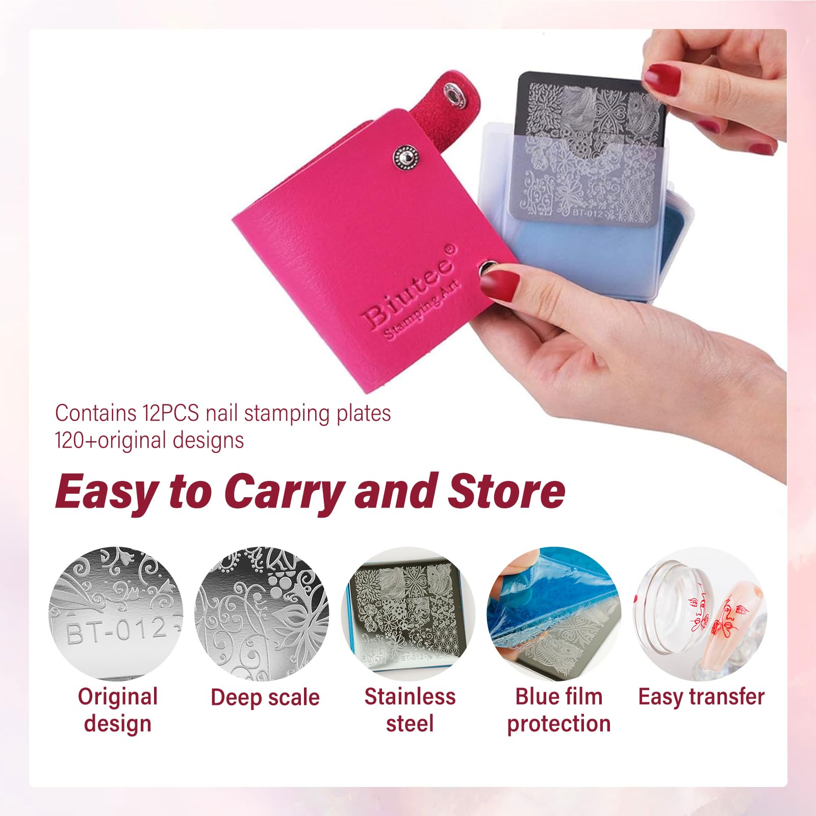 Biutee Nail Stamping Plates Set – 12 Plates, 8 Colors, Stamper & Scraper