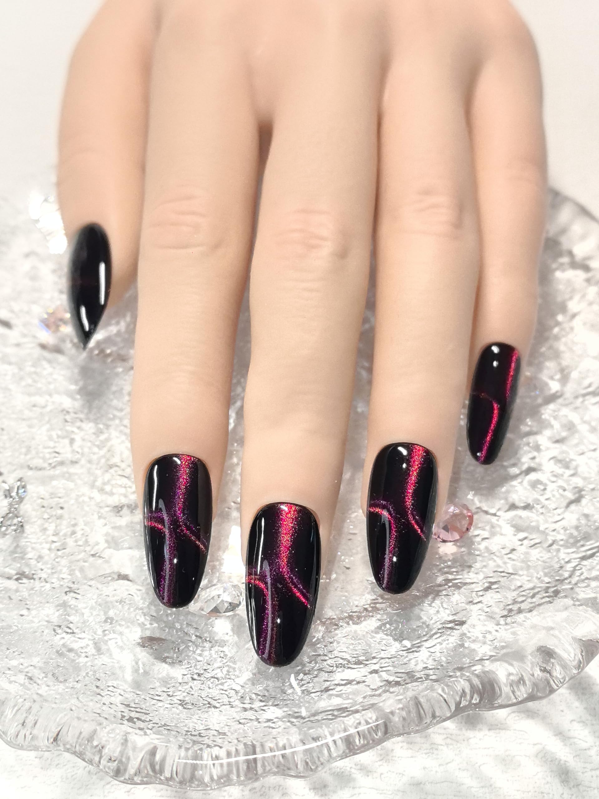 Black Double Pink Cat Eye Press-On Nails – Medium Almond, 10 Pieces | Sparkling Star Design