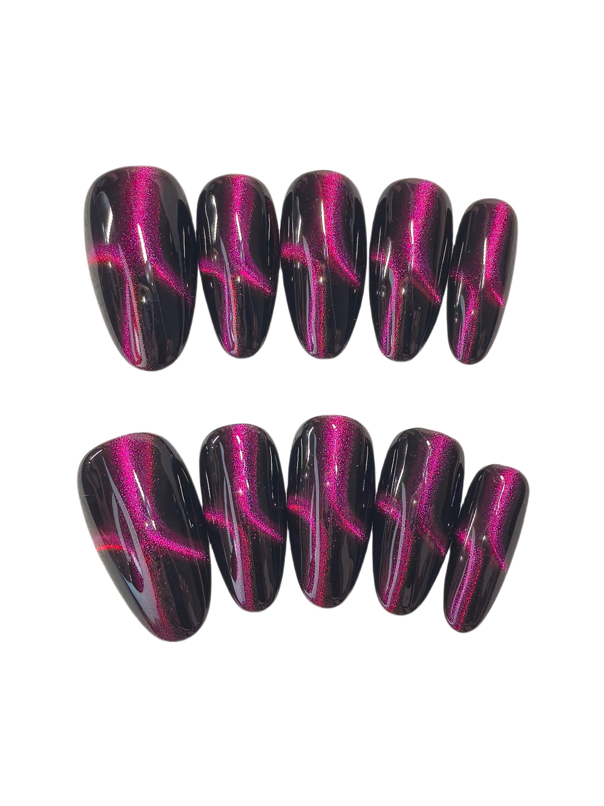 Black Double Pink Cat Eye Press-On Nails – Medium Almond, 10 Pieces | Sparkling Star Design