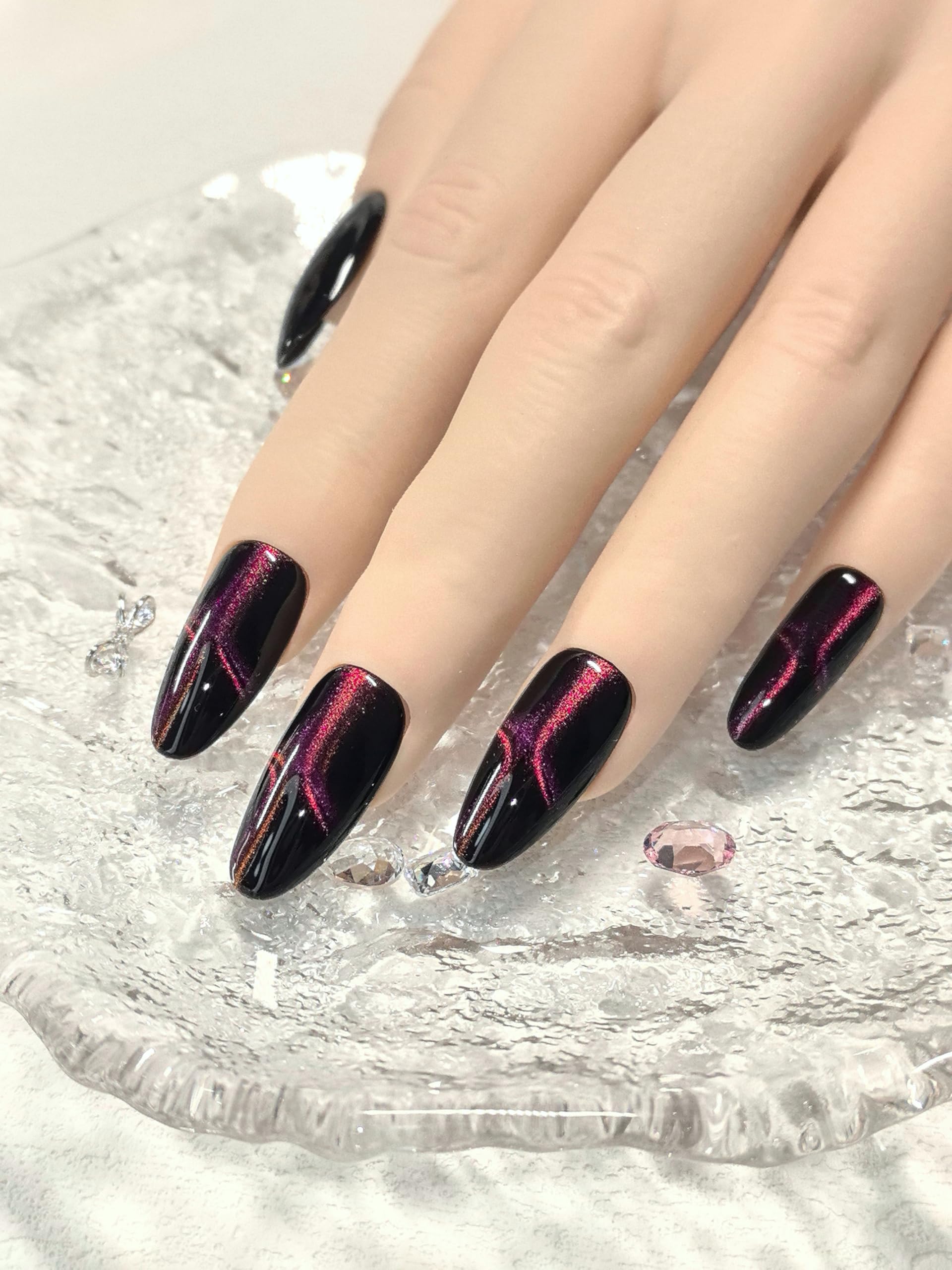 Black Double Pink Cat Eye Press-On Nails – Medium Almond, 10 Pieces | Sparkling Star Design