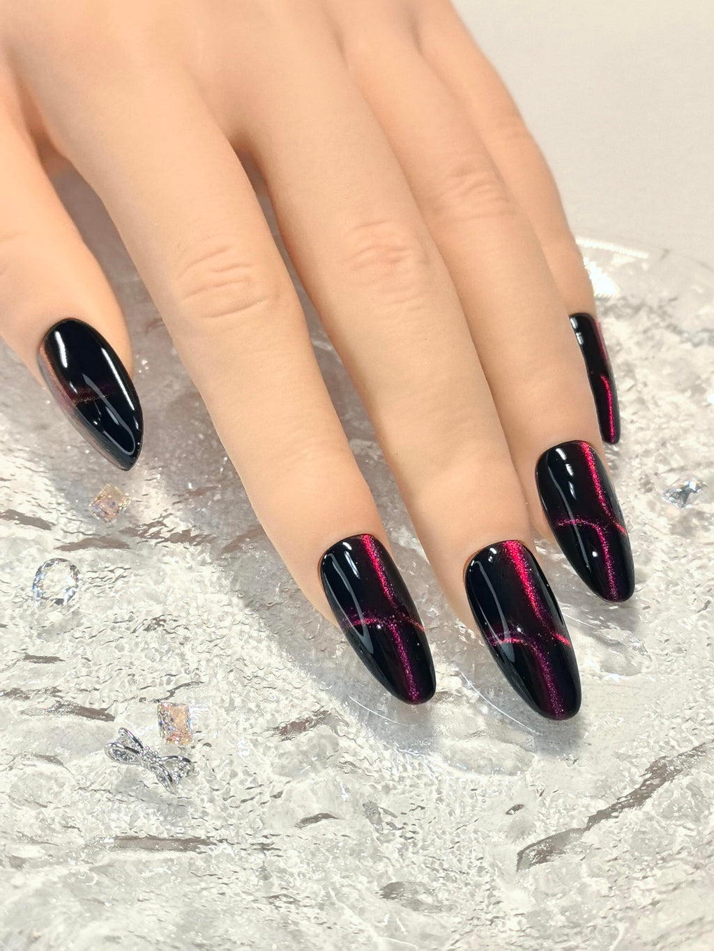Black Double Pink Cat Eye Press-On Nails – Medium Almond, 10 Pieces | Sparkling Star Design
