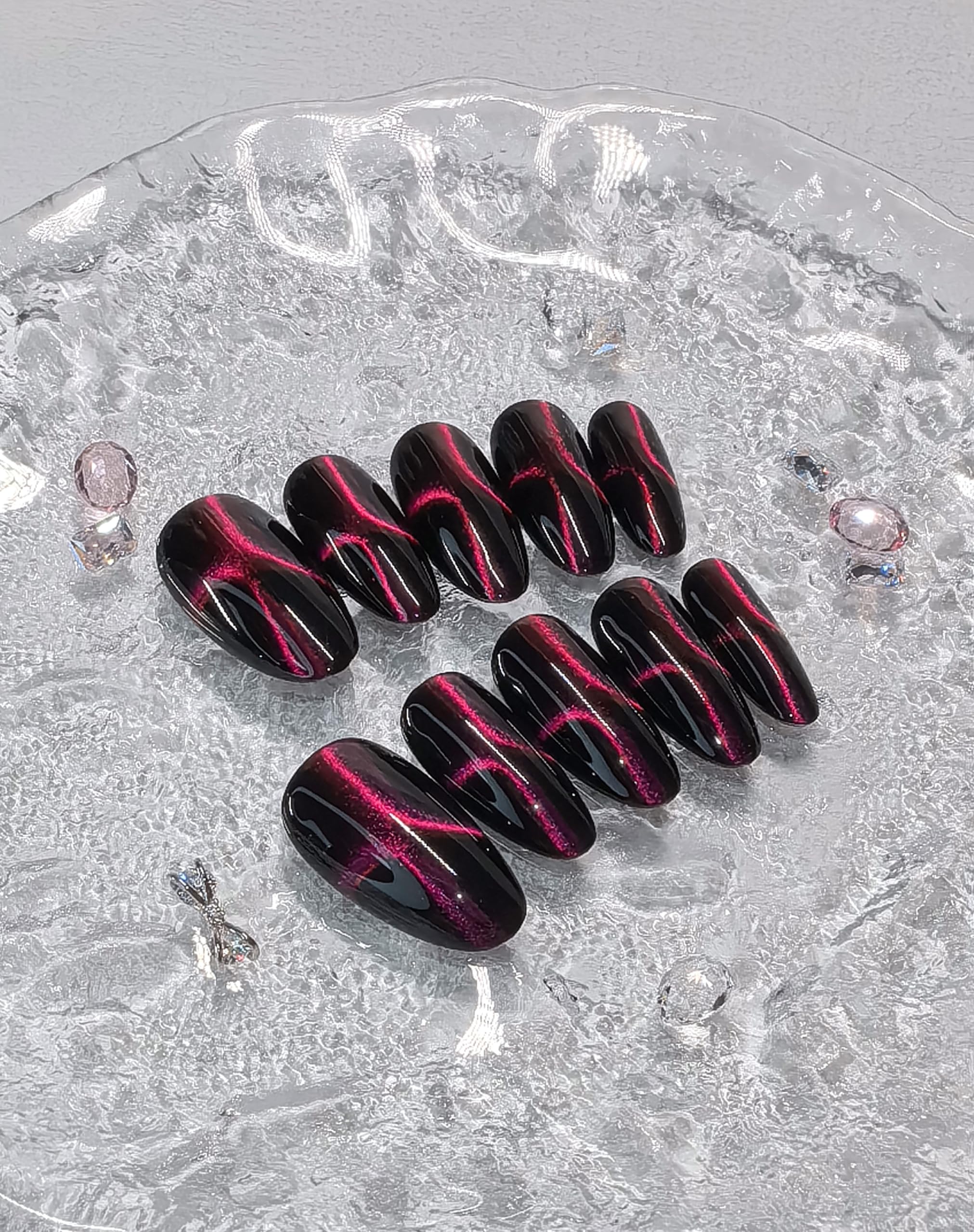 Black Double Pink Cat Eye Press-On Nails – Medium Almond, 10 Pieces | Sparkling Star Design