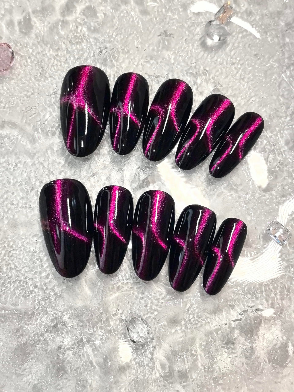 Black Double Pink Cat Eye Press-On Nails – Medium Almond, 10 Pieces | Sparkling Star Design