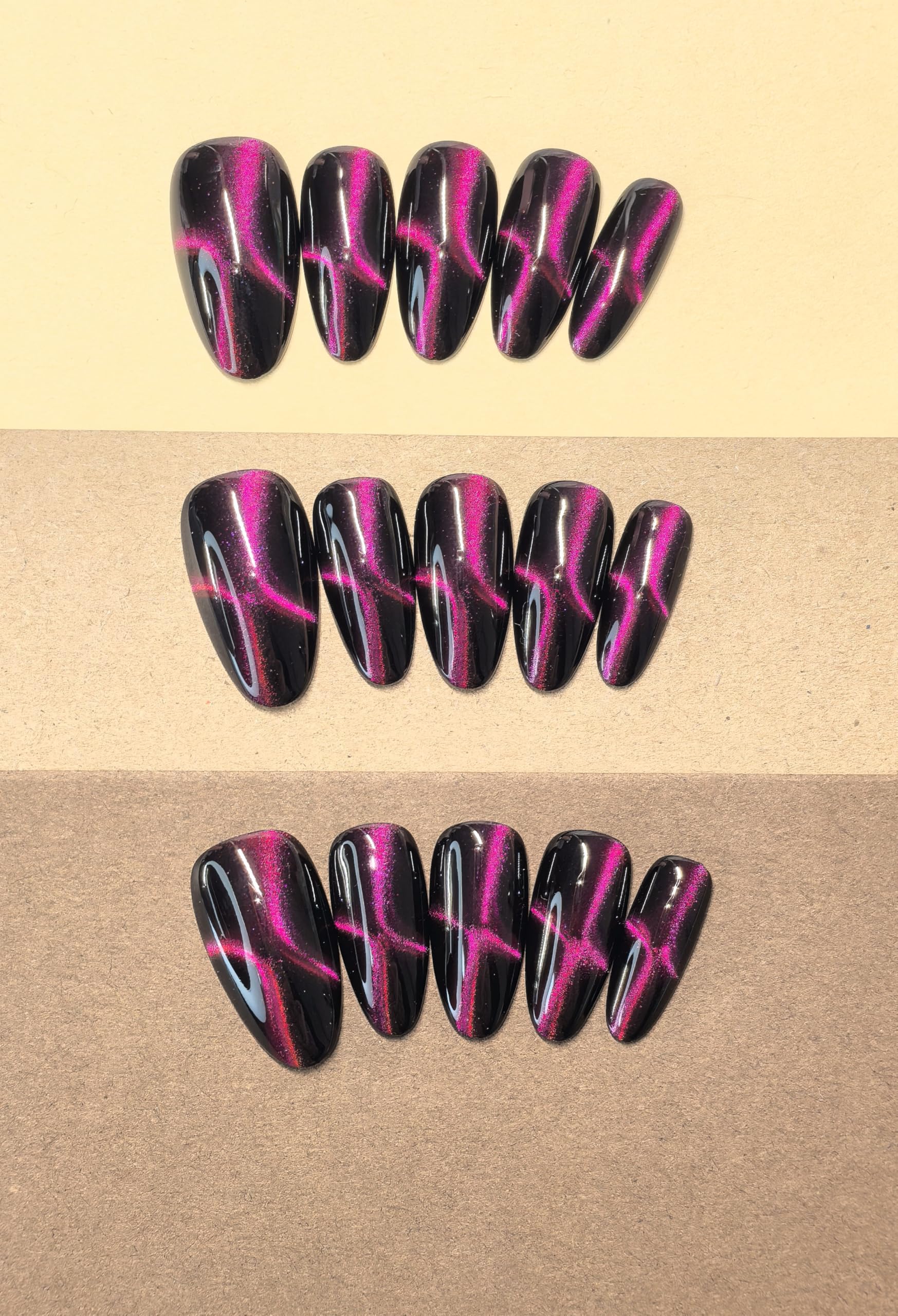 Black Double Pink Cat Eye Press-On Nails – Medium Almond, 10 Pieces | Sparkling Star Design