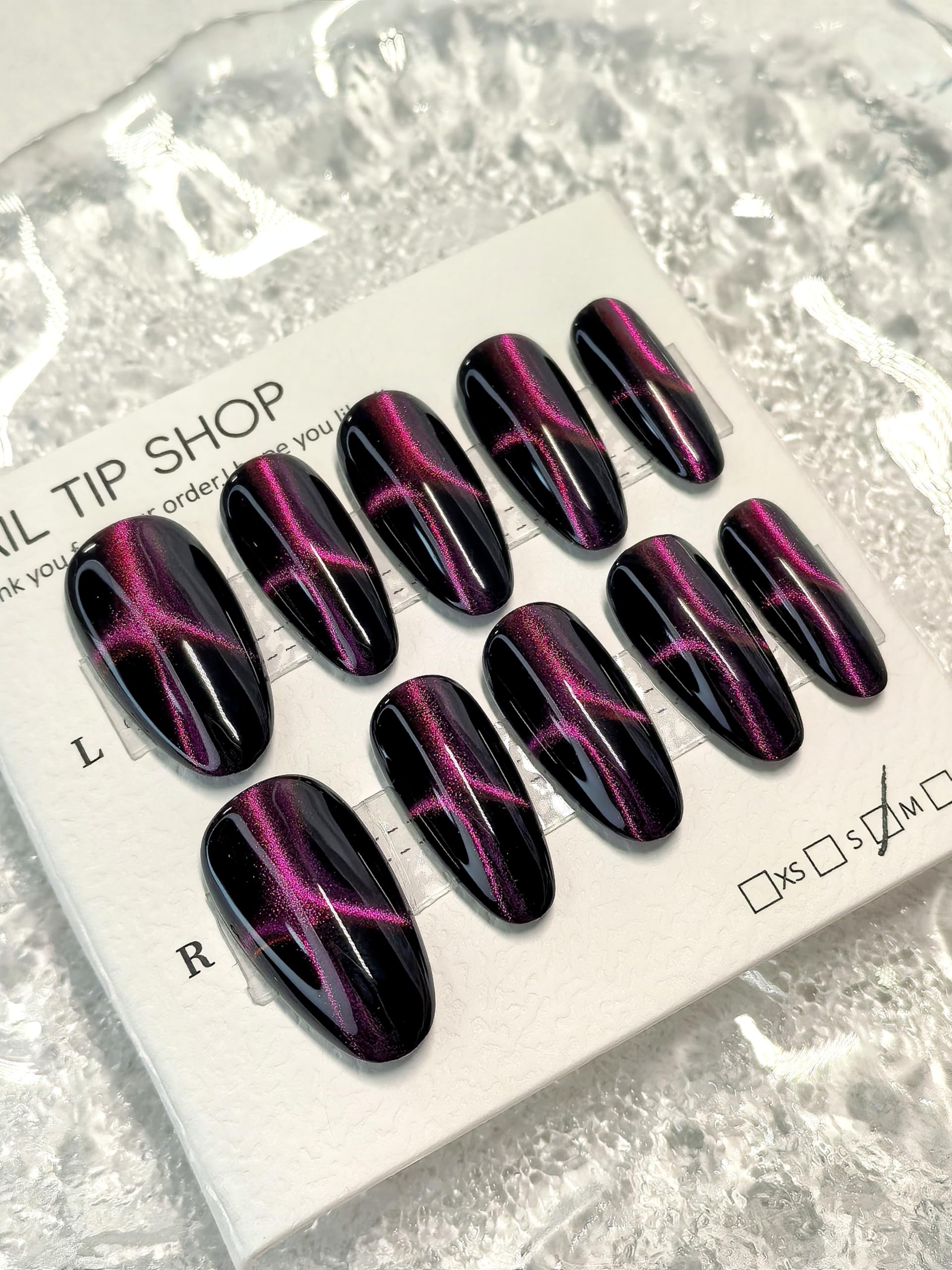 Black Double Pink Cat Eye Press-On Nails – Medium Almond, 10 Pieces | Sparkling Star Design