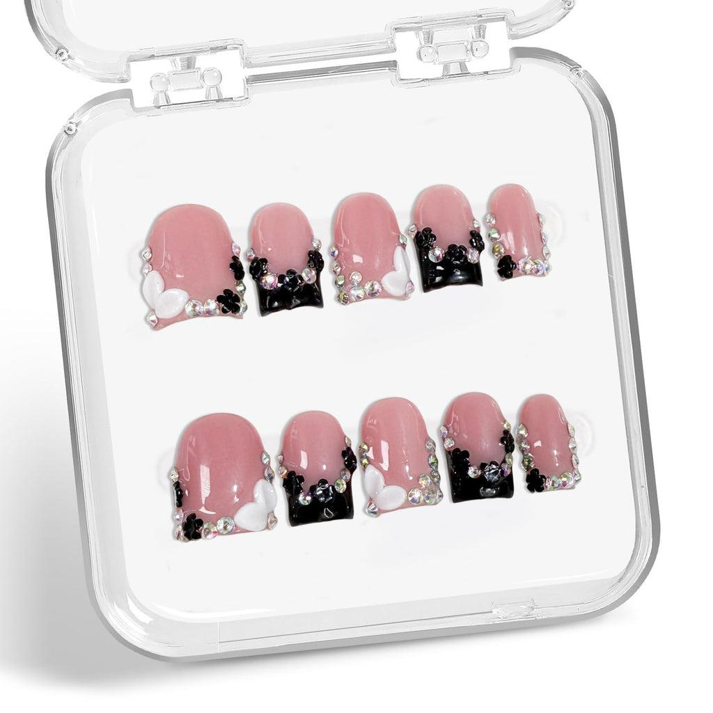 Black French Tip Press-On Nails – Short Square Handmade 3D Flower Rhinestones, Thick Acrylic & Multi-Layer Gel