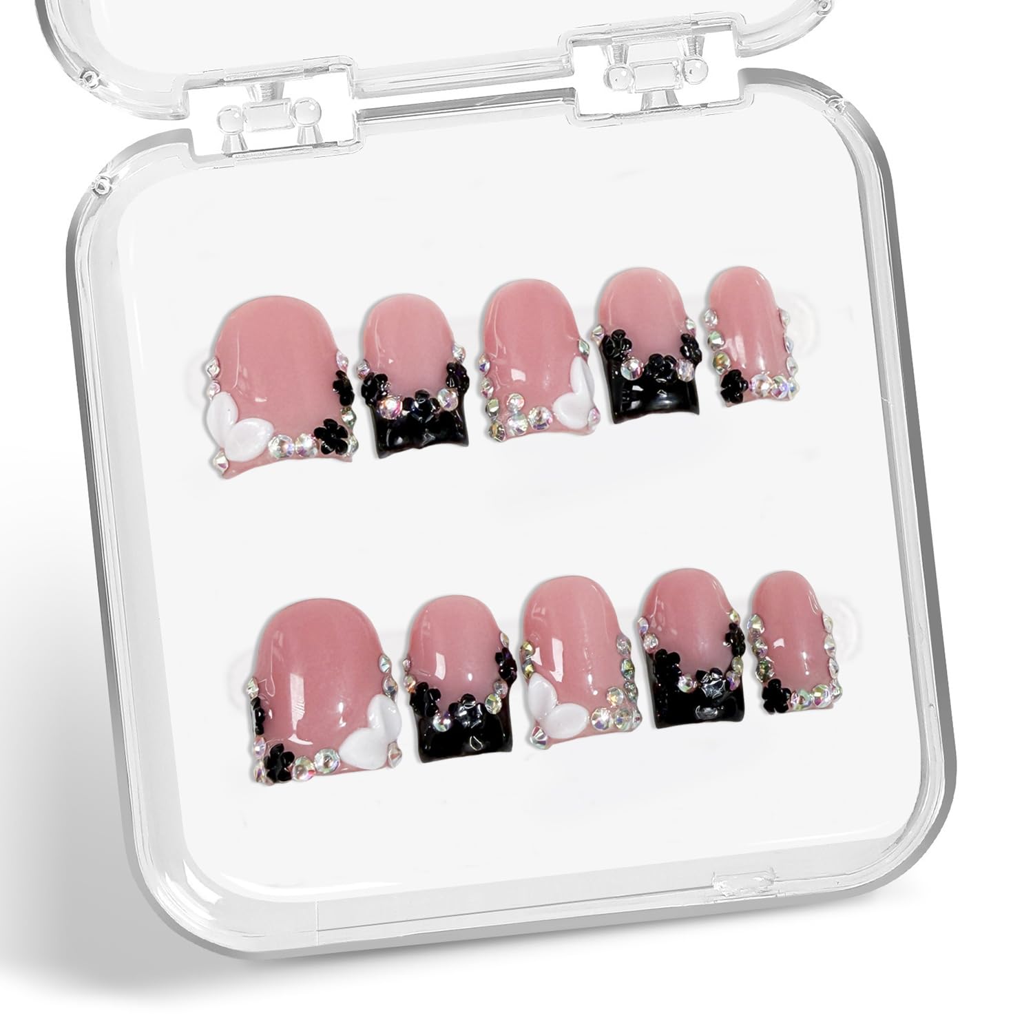 Black French Tip Press-On Nails – Short Square Handmade 3D Flower Rhinestones, Thick Acrylic & Multi-Layer Gel