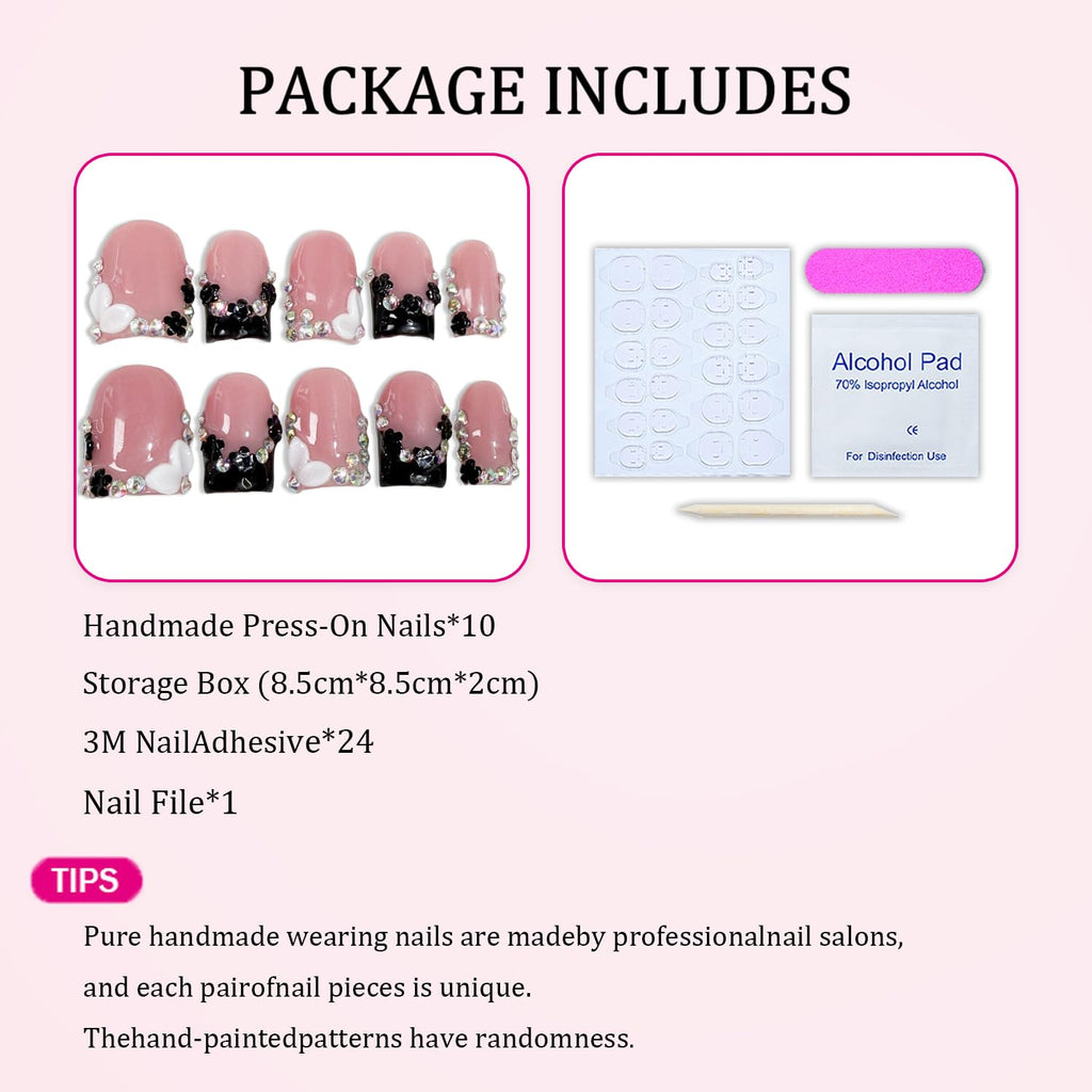 Black French Tip Press-On Nails – Short Square Handmade 3D Flower Rhinestones, Thick Acrylic & Multi-Layer Gel