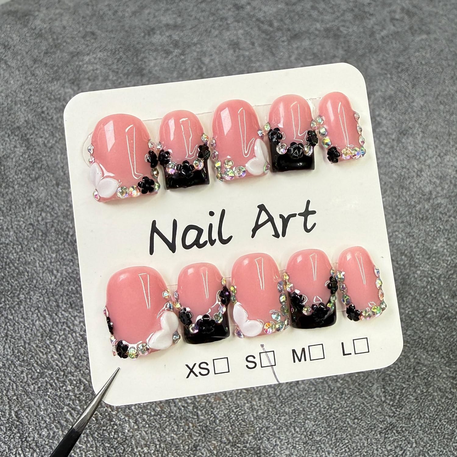 Black French Tip Press-On Nails – Short Square Handmade 3D Flower Rhinestones, Thick Acrylic & Multi-Layer Gel