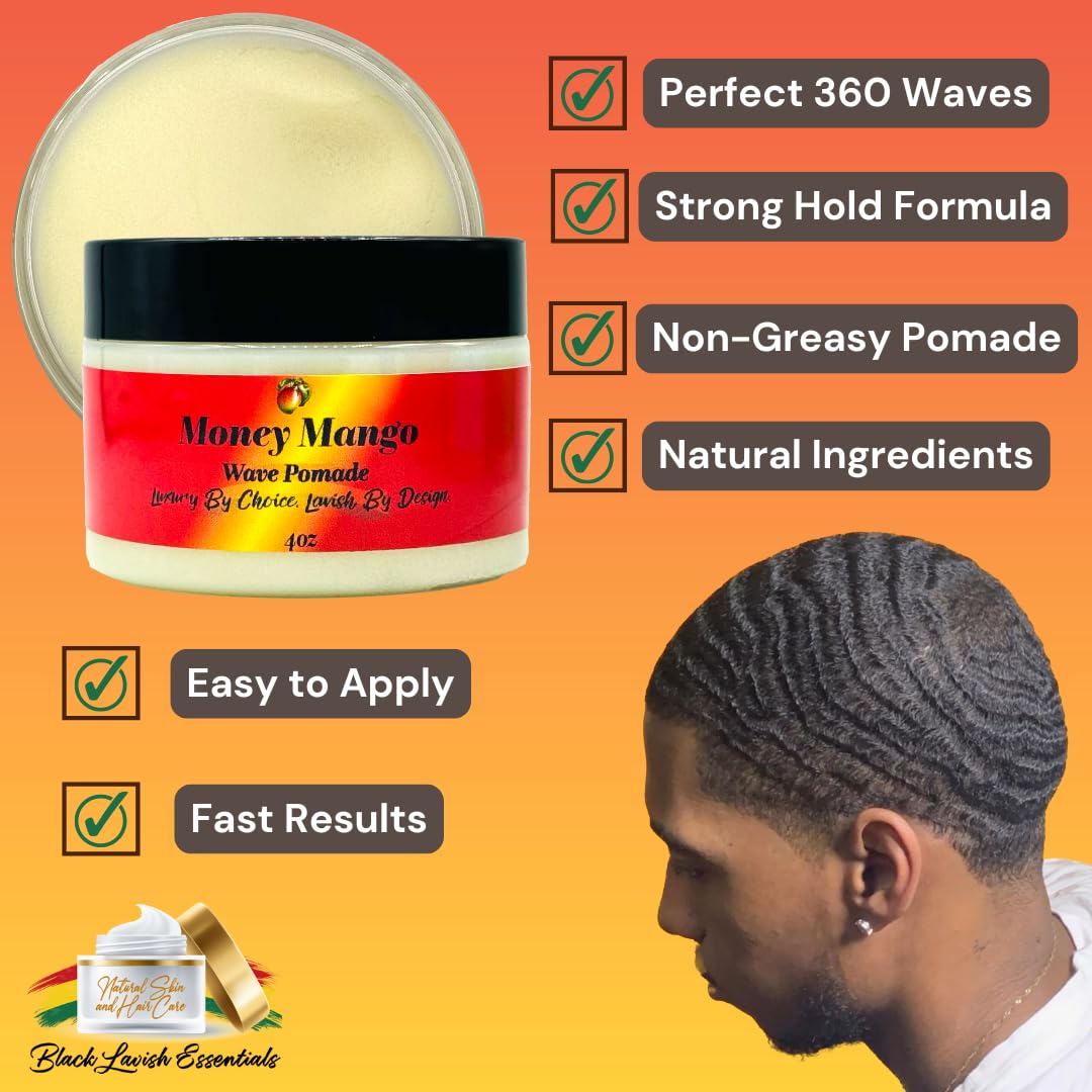 Black Lavish Essentials Money Mango Pomade – Ultra-Smooth 360 Wave Pomade for Men, Deep Waves, Strong Hold & Shine, Non-Greasy, 8oz