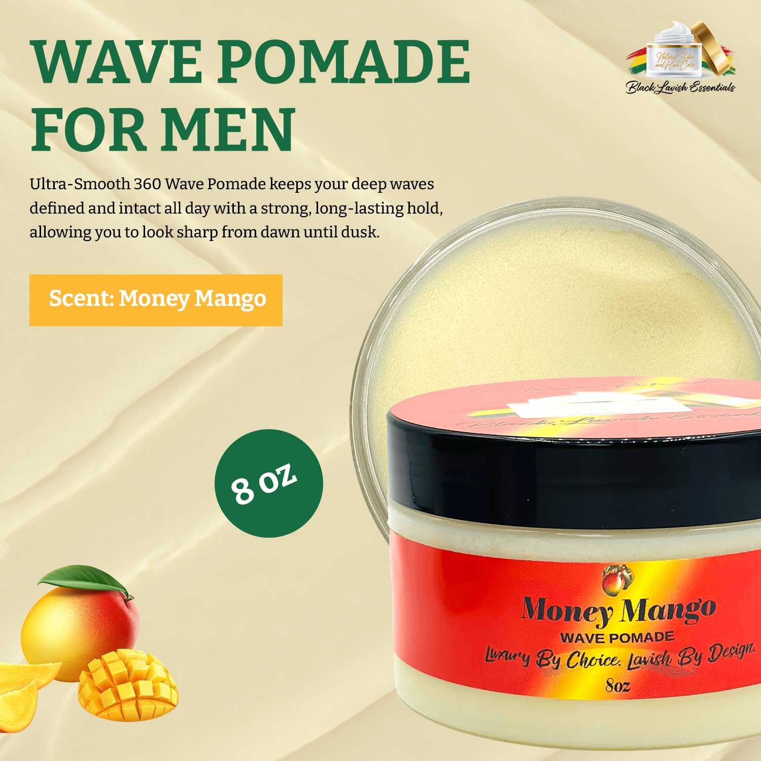 Black Lavish Essentials Money Mango Pomade – Ultra-Smooth 360 Wave Pomade for Men, Deep Waves, Strong Hold & Shine, Non-Greasy, 8oz