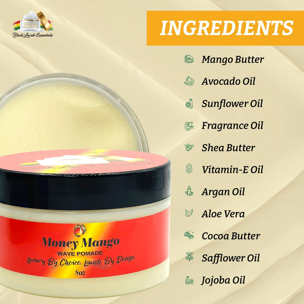 Black Lavish Essentials Money Mango Pomade – Ultra-Smooth 360 Wave Pomade for Men, Deep Waves, Strong Hold & Shine, Non-Greasy, 8oz