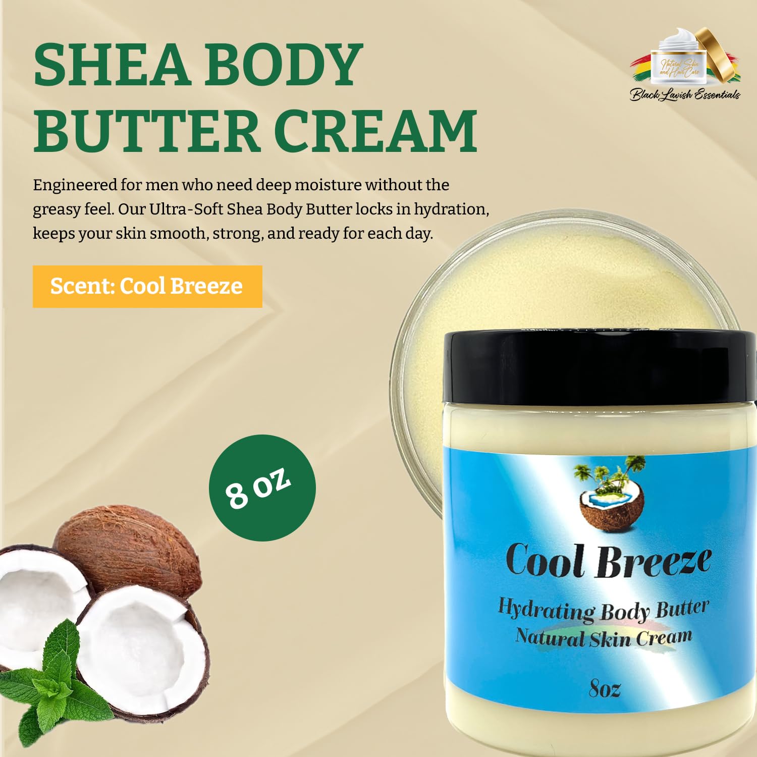 Black Lavish Essentials Ultra-Soft Shea Body Butter – Deep Hydration for Dry Skin, Cool Breeze Scent, 8oz