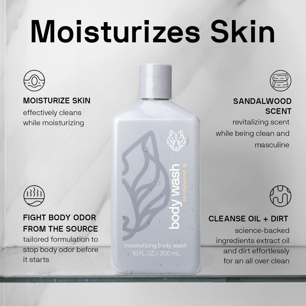 Black Wolf Moisturizing Body Wash for Men – Sandalwood Hydration with Hyaluronic Acid, Aloe Vera & Jojoba Oil