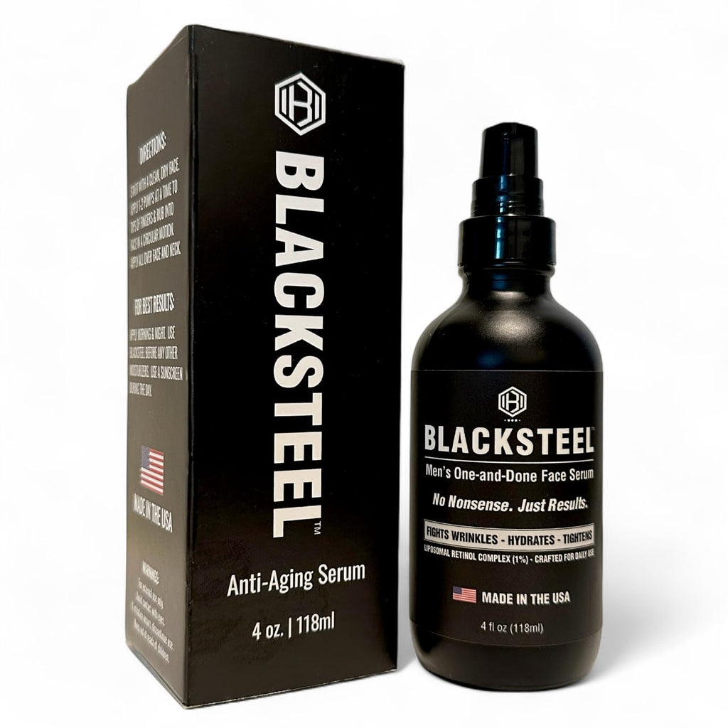 BLACKSTEEL Men's Anti-Aging Serum with Retinol & Hyaluronic Acid | One-Step Daily Wrinkle Reduction & Hydration | Made in USA | 4 oz