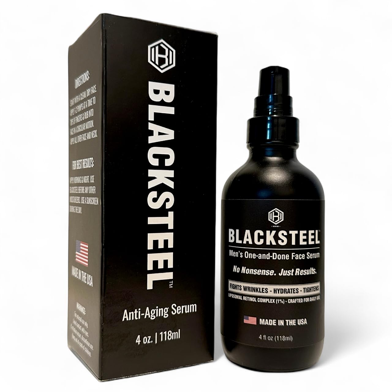 BLACKSTEEL Men's Anti-Aging Serum with Retinol & Hyaluronic Acid | One-Step Daily Wrinkle Reduction & Hydration | Made in USA | 4 oz