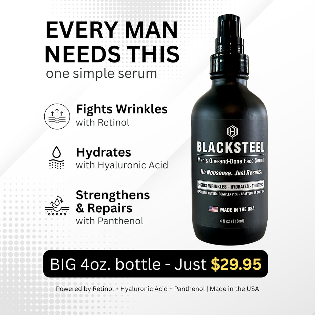 BLACKSTEEL Men's Anti-Aging Serum with Retinol & Hyaluronic Acid | One-Step Daily Wrinkle Reduction & Hydration | Made in USA | 4 oz
