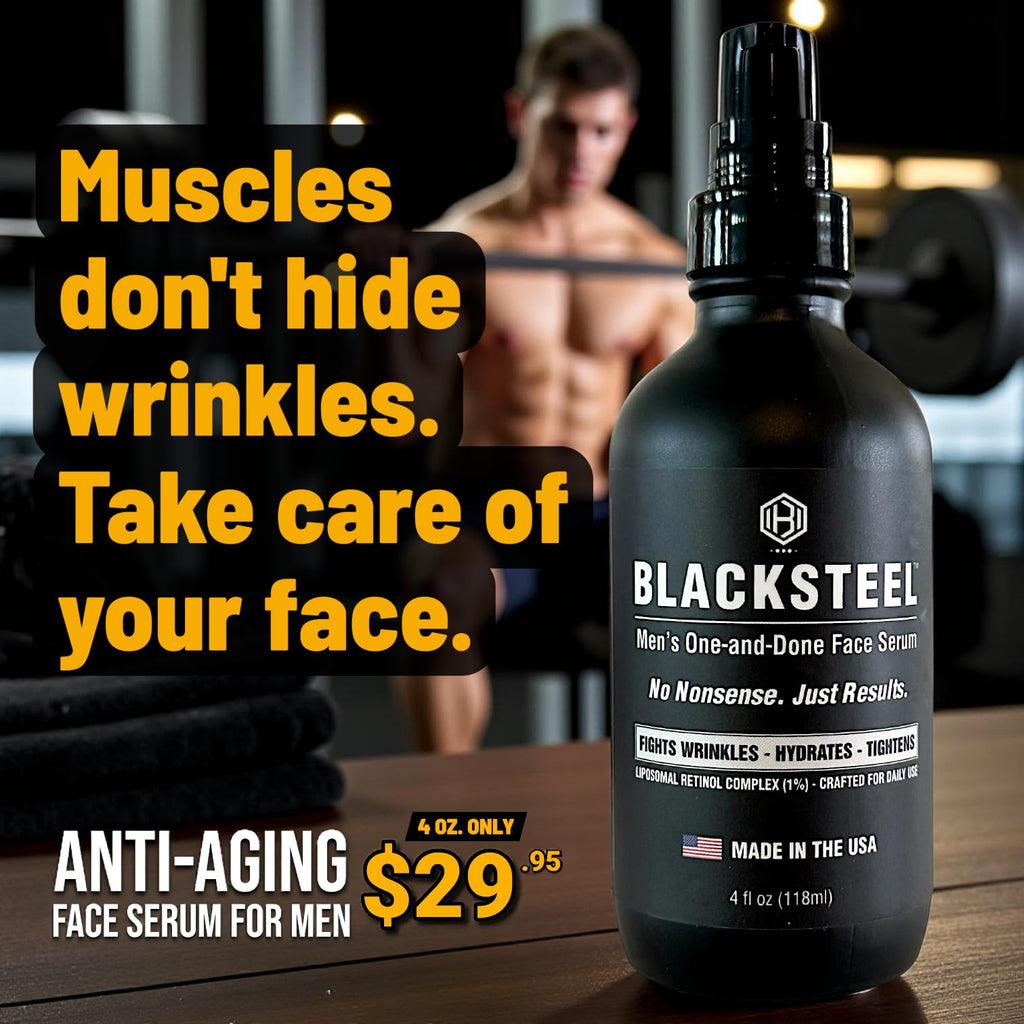 BLACKSTEEL Men's Anti-Aging Serum with Retinol & Hyaluronic Acid | One-Step Daily Wrinkle Reduction & Hydration | Made in USA | 4 oz
