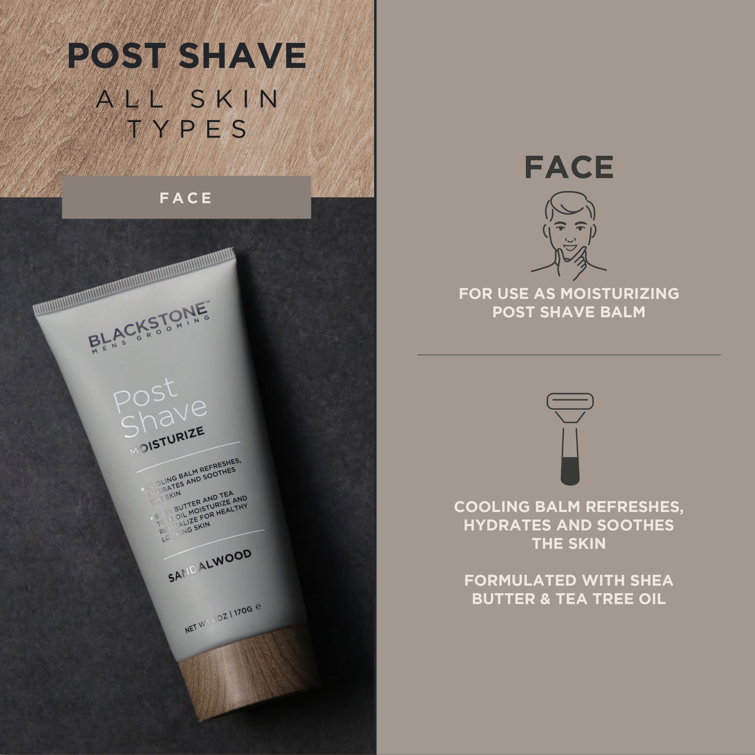 Blackstone Men's Post Shave Moisturizer with Tea Tree Oil & Shea Butter | Cooling Sandalwood Balm 6 oz