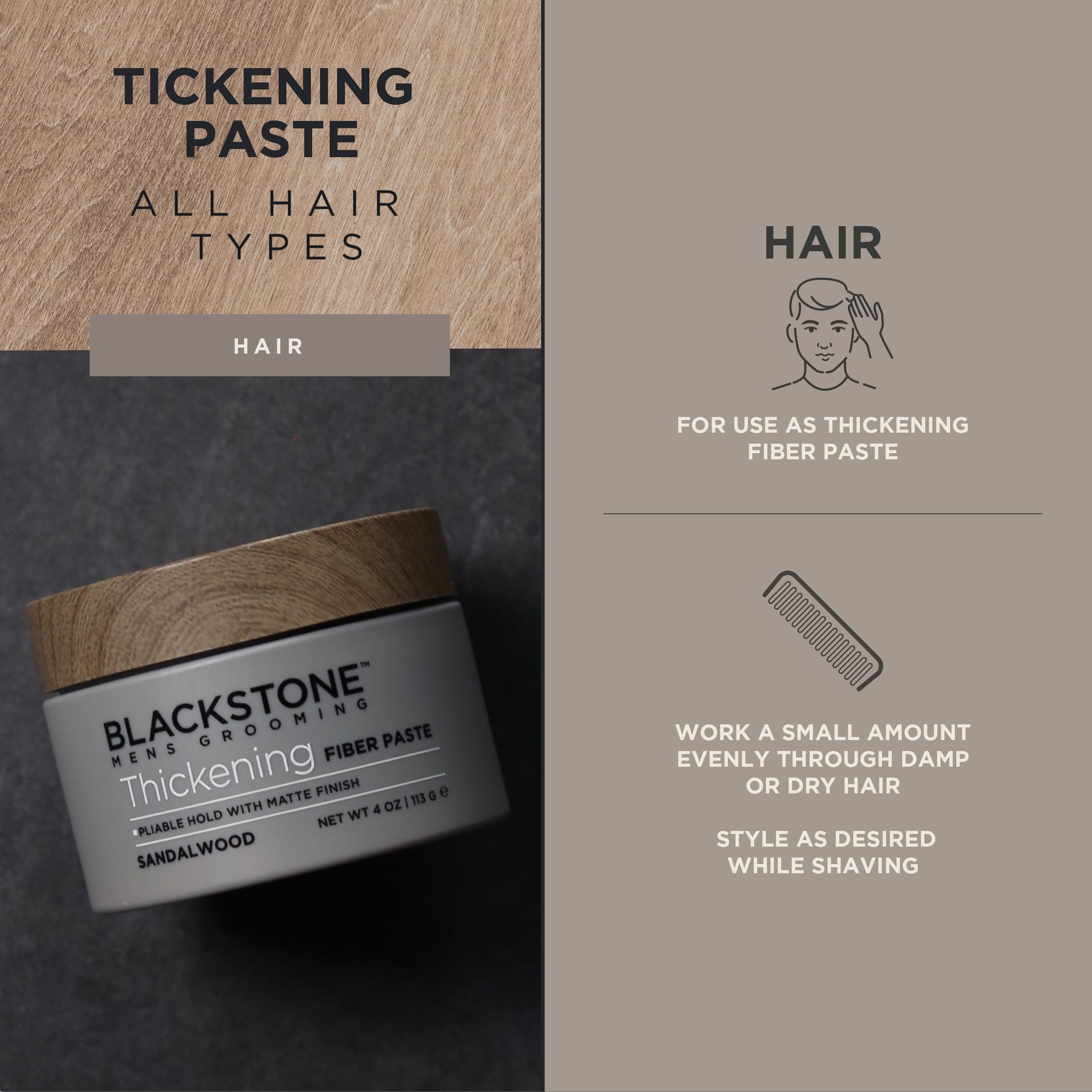 Blackstone Men's Grooming Thickening Fiber Paste Gel – Pliable Hold, Matte Finish, Volume Boost | Paraben & Cruelty Free | Made in USA, Sandalwood (4 oz)