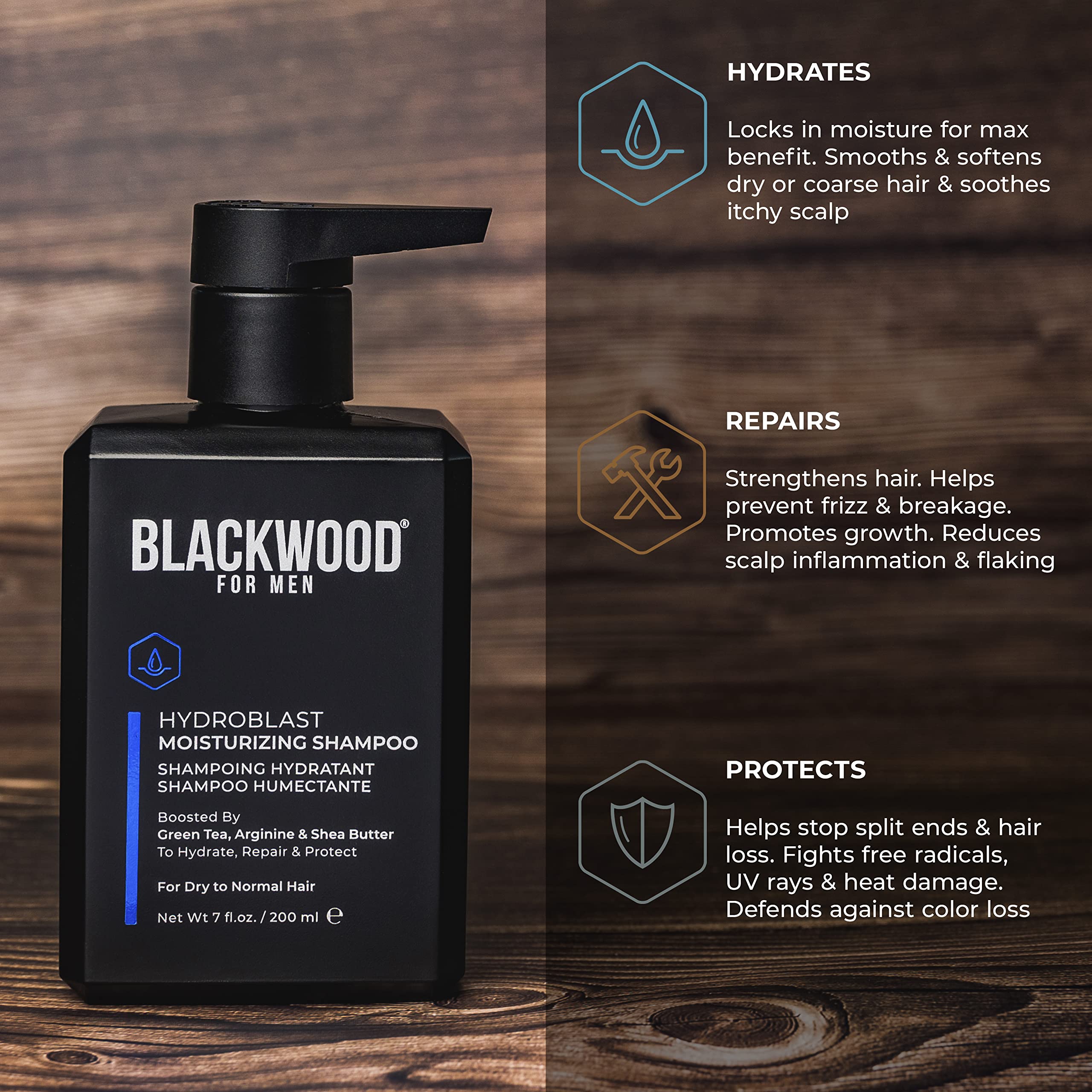 Blackwood For Men Hydroblast Moisturizing Shampoo – For Coarse, Dry & Curly Hair | Ginseng & Ginger | Vegan, Sulfate-Free (7 Oz)