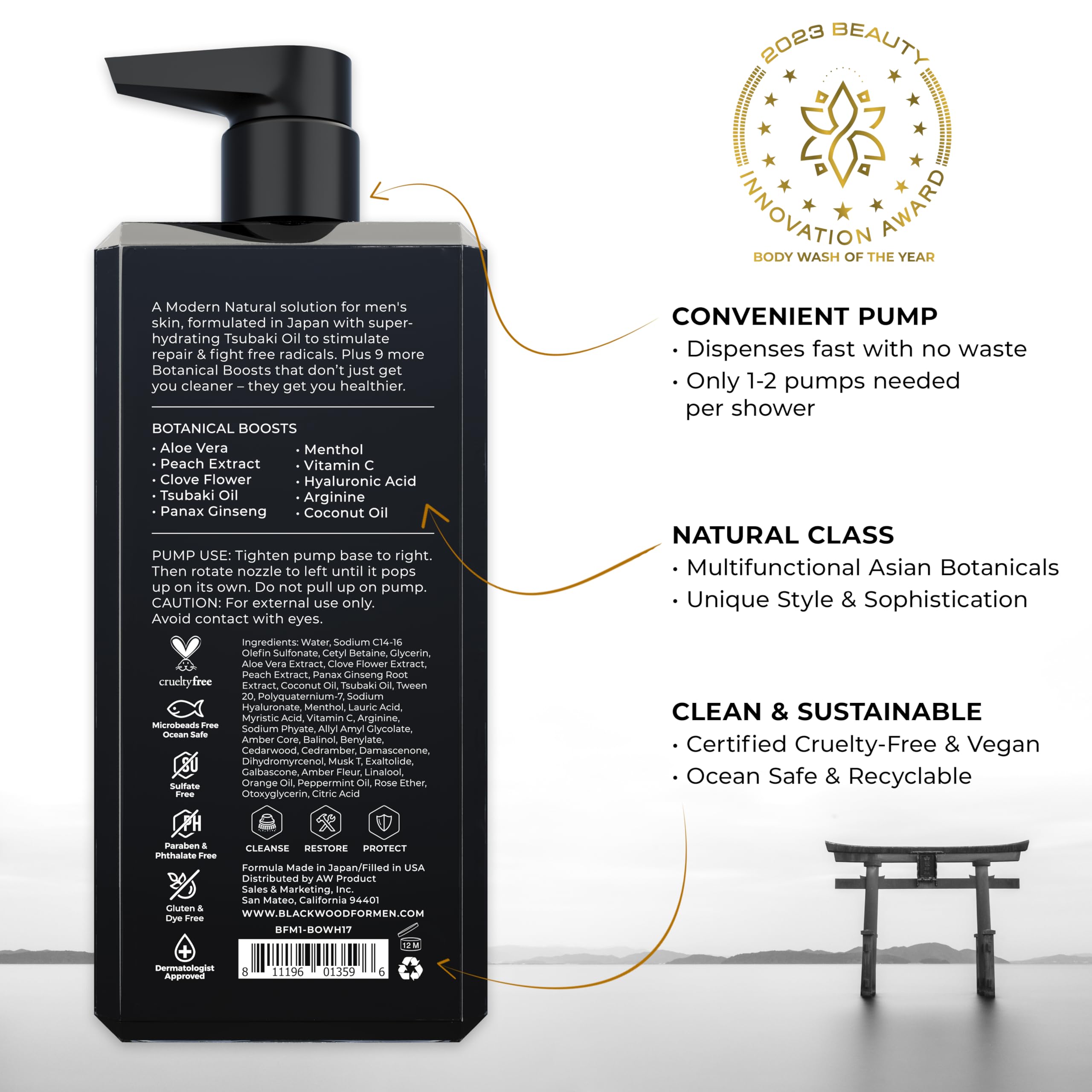 Blackwood For Men Pure Moisture Body Wash – Ginseng, Menthol, Sulfate Free, 17oz | Vegan & Dye Free
