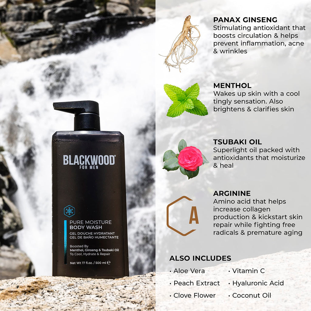Blackwood For Men Pure Moisture Body Wash – Ginseng, Menthol, Sulfate Free, 17oz | Vegan & Dye Free