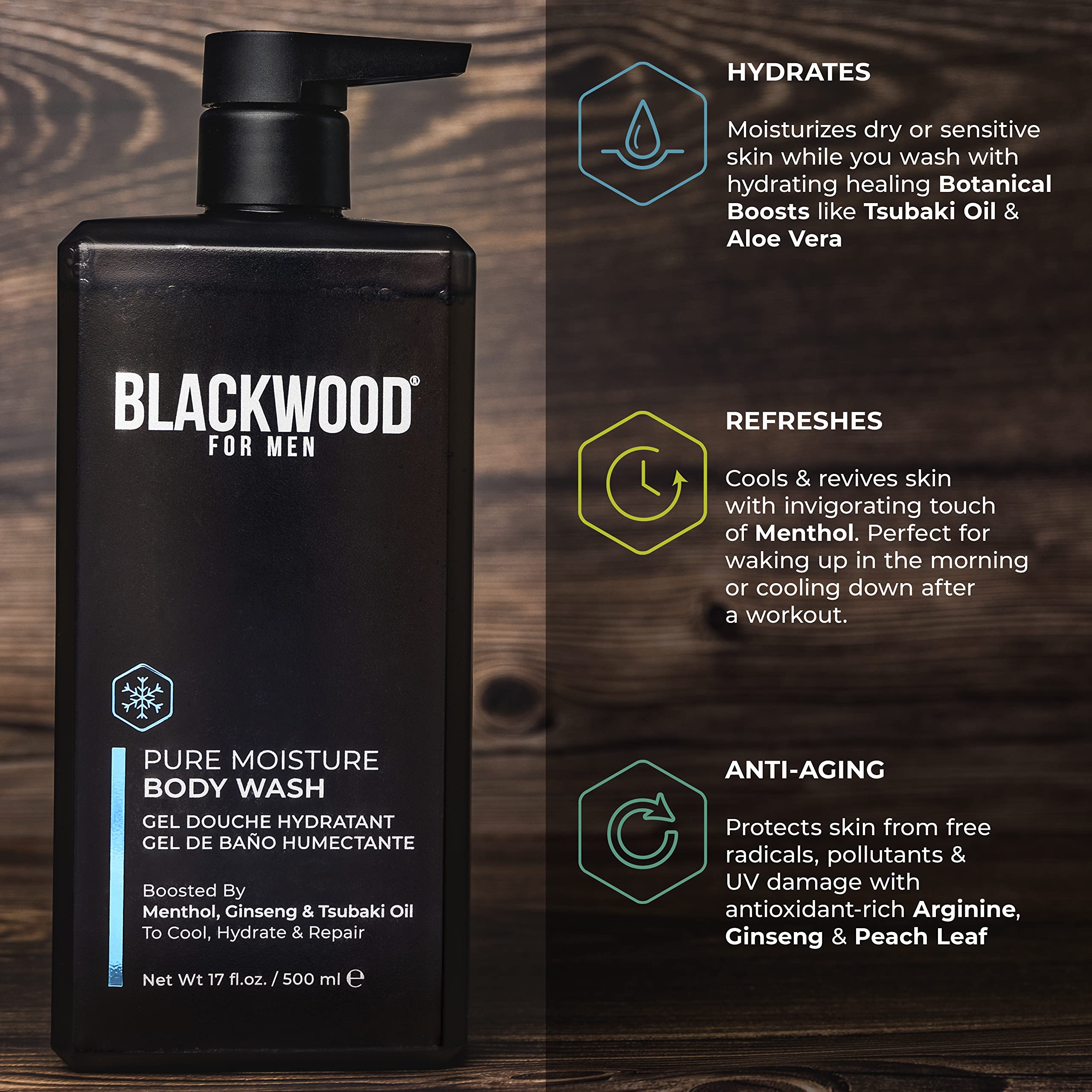 Blackwood For Men Pure Moisture Body Wash – Ginseng, Menthol, Sulfate Free, 17oz | Vegan & Dye Free