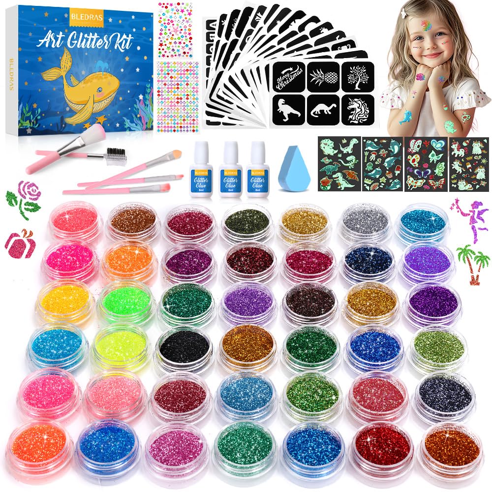 Bledras Temporary Glitter Tattoo Kit — 42 Colors, 210 Stencils, 3 Glue, 5 Brushes