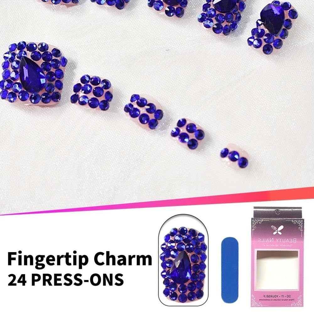 BLGTGH Diamond Press On Nails – Short Square Nails with Blue Rhinestones (48 Pcs)