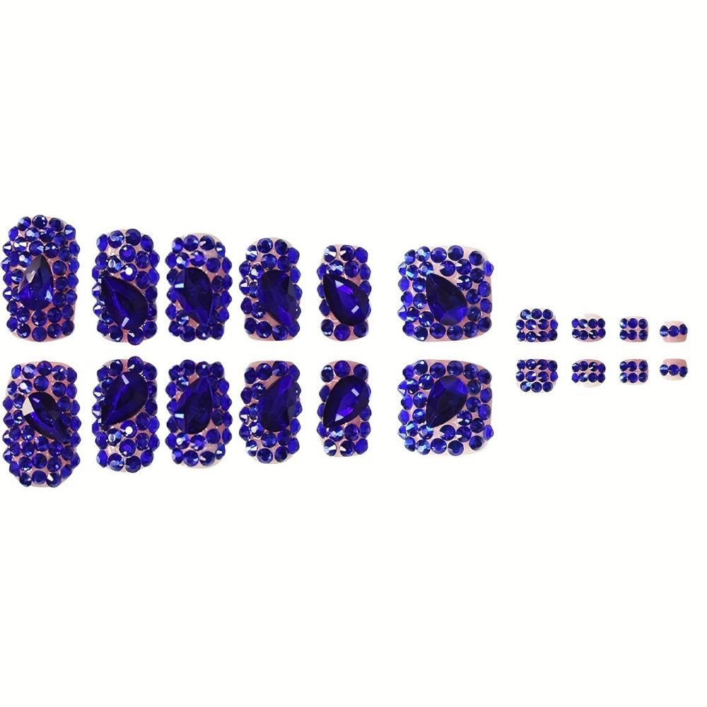 BLGTGH Diamond Press On Nails – Short Square Nails with Blue Rhinestones (48 Pcs)
