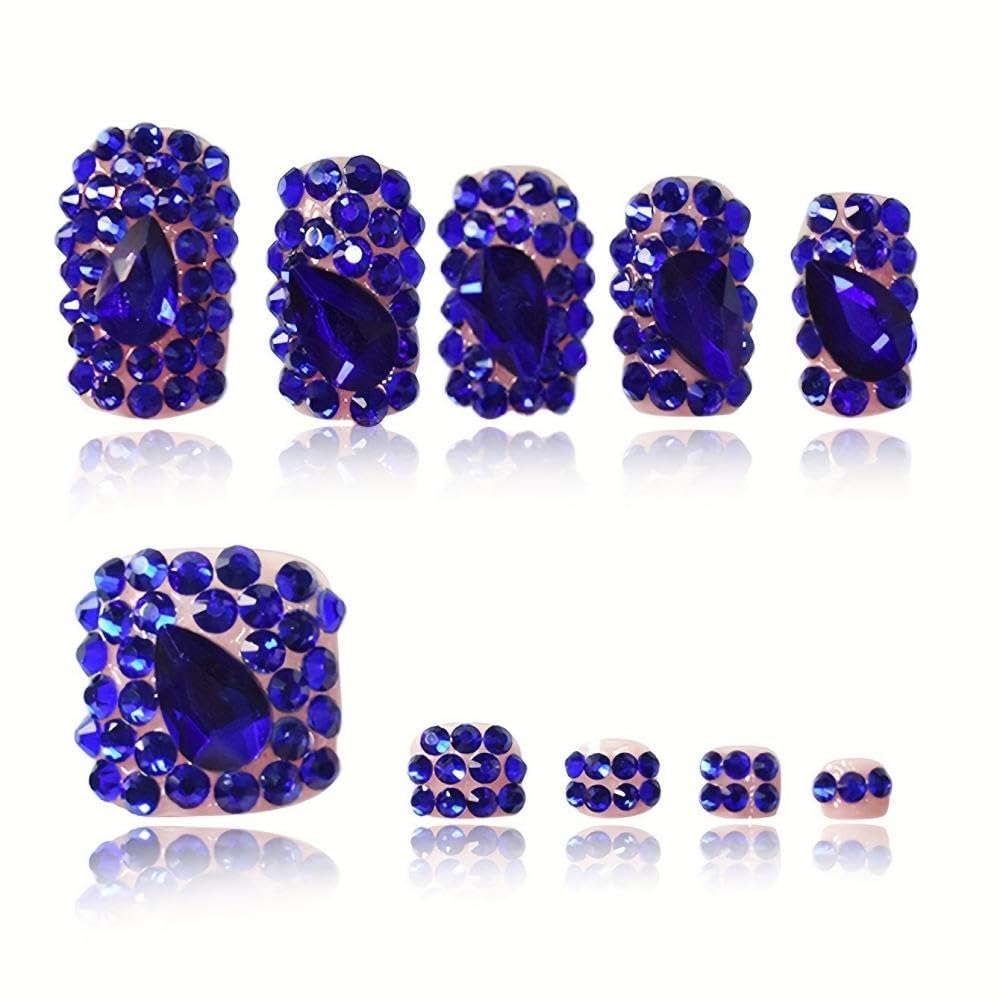 BLGTGH Diamond Press On Nails – Short Square Nails with Blue Rhinestones (48 Pcs)