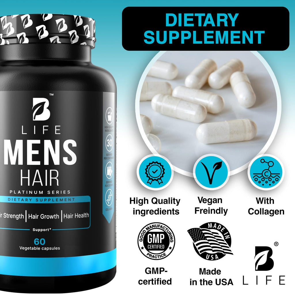 B Life Company Men's Hair Growth Supplement – Biotin, Collagen, Zinc & Vitamins A-C-E – 60 Capsules