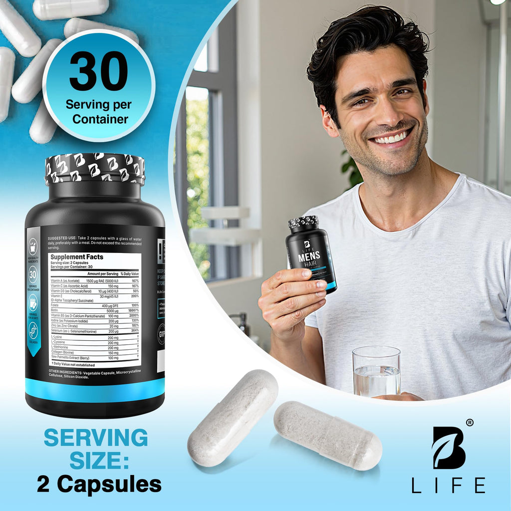 B Life Company Men's Hair Growth Supplement – Biotin, Collagen, Zinc & Vitamins A-C-E – 60 Capsules