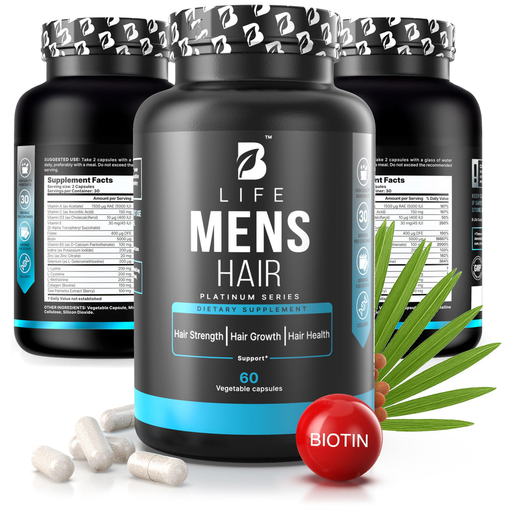 B Life Company Men's Hair Growth Supplement – Biotin, Collagen, Zinc & Vitamins A-C-E – 60 Capsules