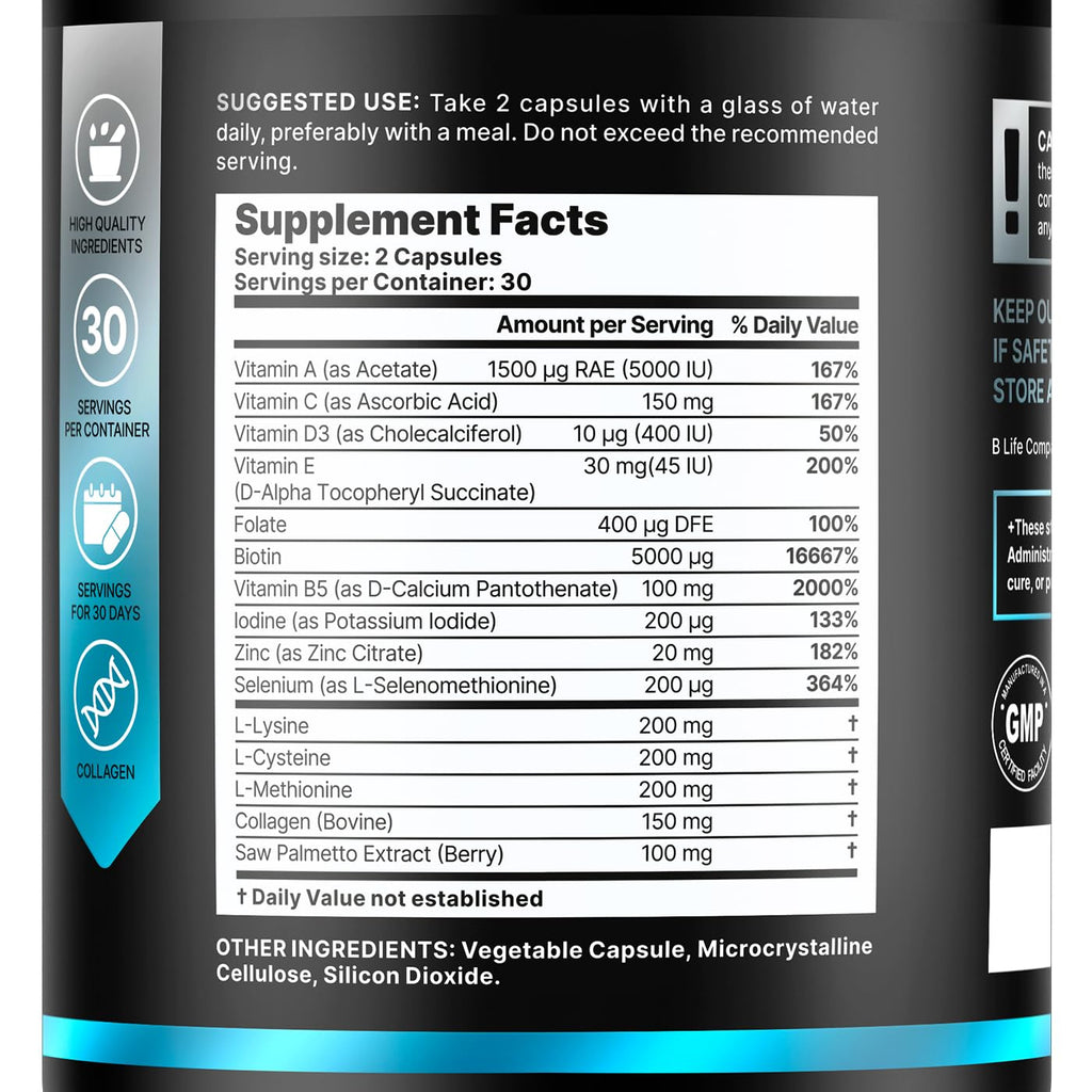 B Life Company Men's Hair Growth Supplement – Biotin, Collagen, Zinc & Vitamins A-C-E – 60 Capsules