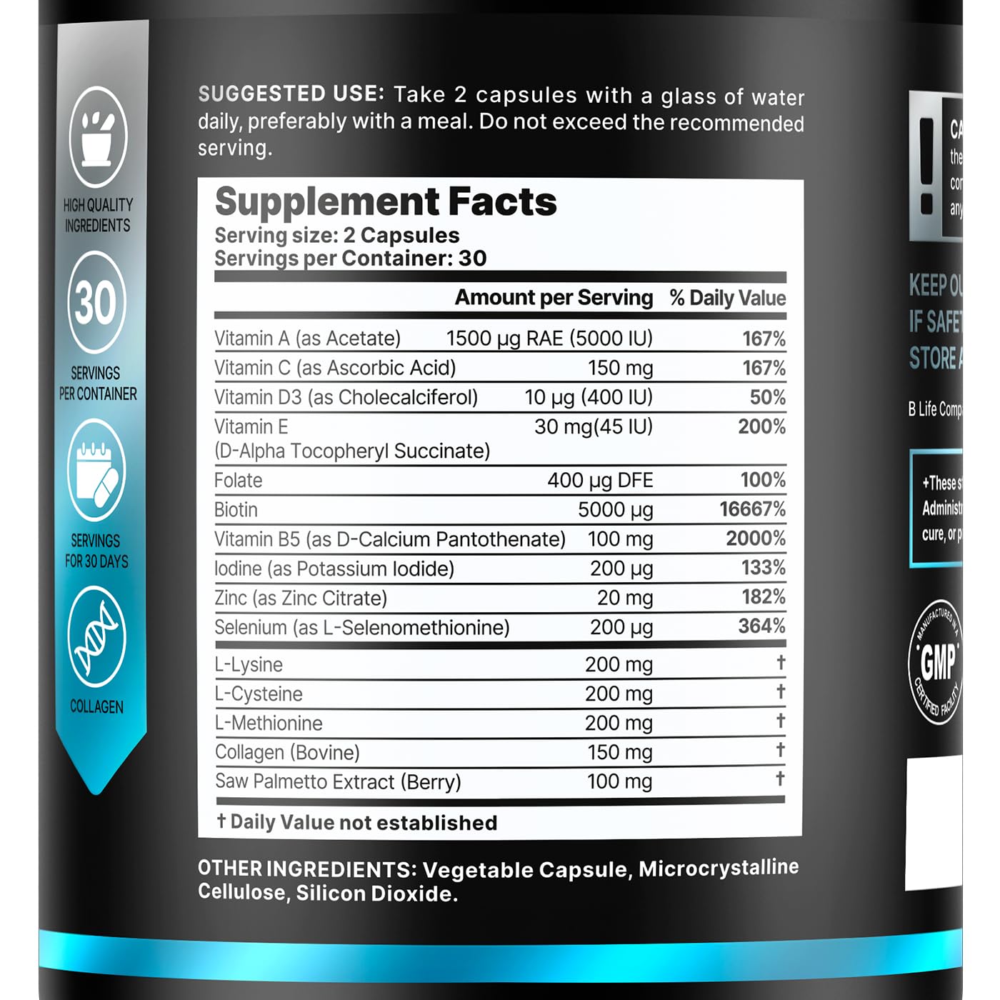 B Life Company Men's Hair Growth Supplement – Biotin, Collagen, Zinc & Vitamins A-C-E – 60 Capsules