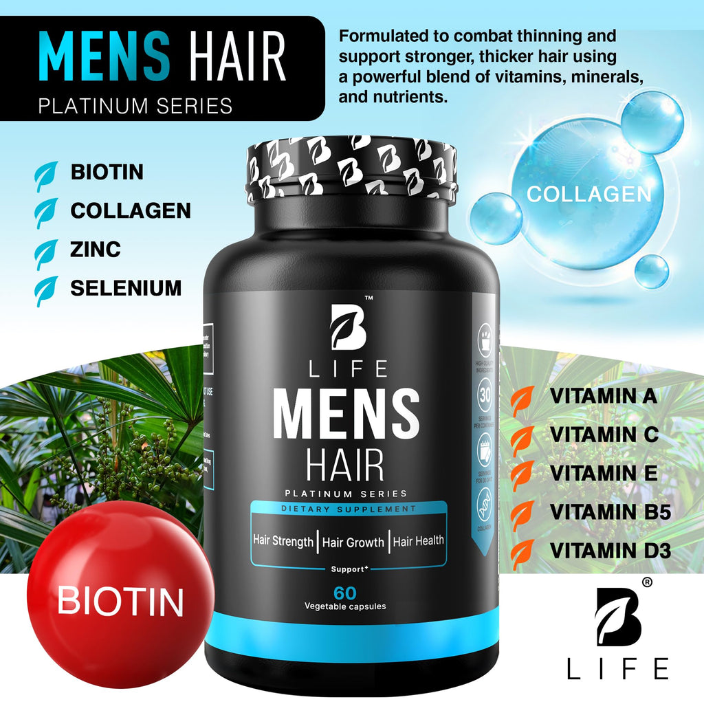 B Life Company Men's Hair Growth Supplement – Biotin, Collagen, Zinc & Vitamins A-C-E – 60 Capsules