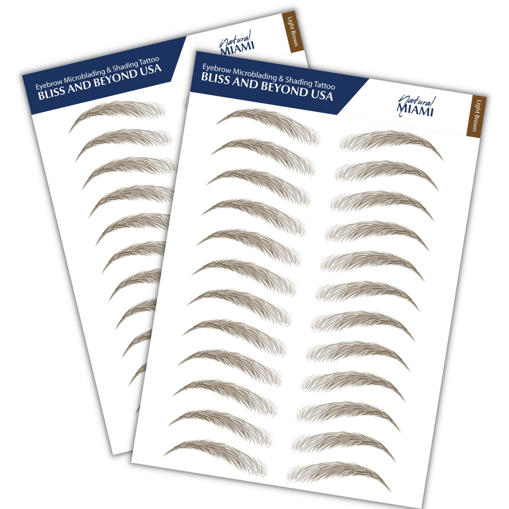 Bliss and Beyond USA 2 Sheets Eyebrow Tattoo Stickers – Waterproof, Natural Miami & Light Brown (24 Pairs)