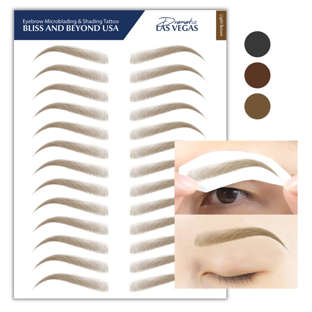 Bliss and Beyond USA Eyebrow Tattoo Stickers – 2 Sheets, 24 Pairs, Waterproof & Long-Lasting, Natural Look (Dramatic Las Vegas / Light Brown)