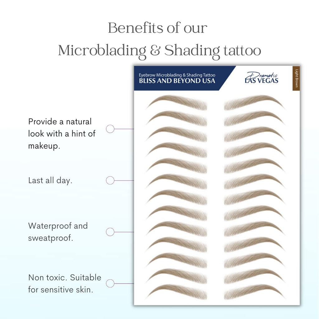 Bliss and Beyond USA Eyebrow Tattoo Stickers – 2 Sheets, 24 Pairs, Waterproof & Long-Lasting, Natural Look (Dramatic Las Vegas / Light Brown)